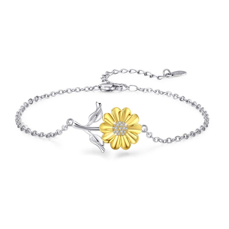 Cuoka Sunflower Bracelet 925 Sterling Silver Sunflower You Are My Sunshine Flower Floral Jewelry Sunflower Mother Day Gift Summer Jewelry for Women Girfriend with Gift Box for Valentine's Day Birthday Anniversary or Christmas Mother's Day - Image 1